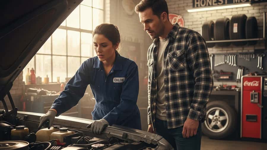 Female mechanic explaining an engine issue to a customer inside an American independent auto repair shop