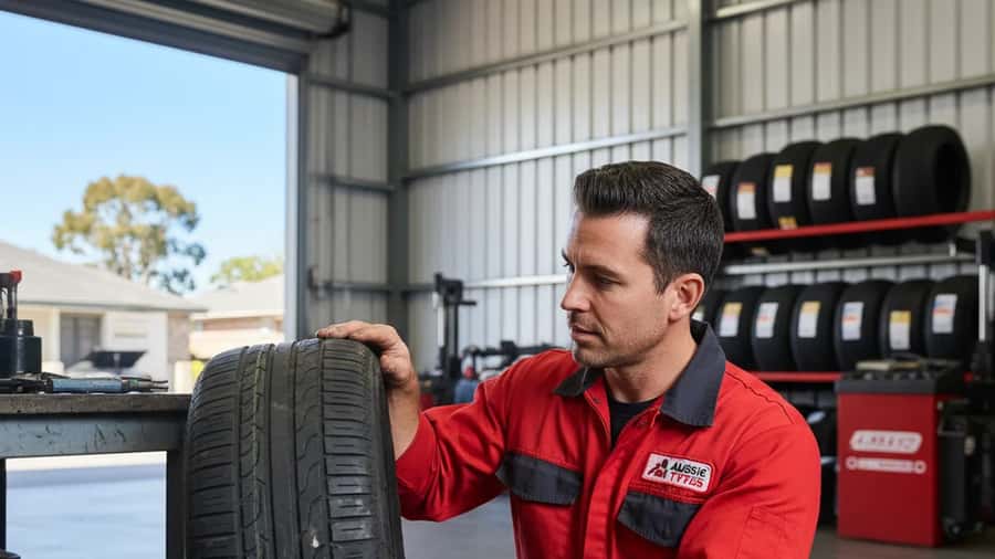 Australian tyre technician in red uniform inspecting a flat tyre removed from the rim in a suburban Melbourne tyre shop, professional diagnostic atmosphere