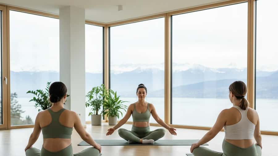 Groupe de femmes enceintes pratiquant le yoga prénatal avec une instructrice dans un studio lumineux à Lausanne