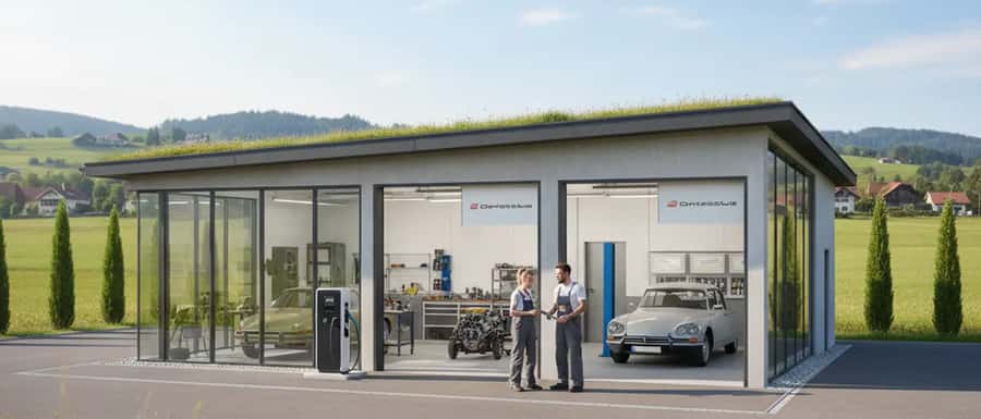 Kfz-Mechaniker inspiziert ein Fahrzeug auf einer Hebebühne in einer modernen deutschen Autowerkstatt