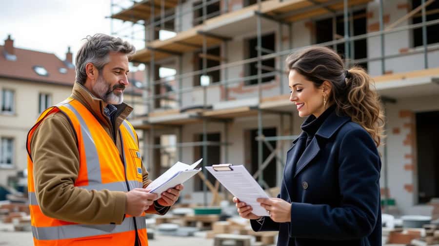 Couple examinant les clauses d'un contrat de sous-traitance sur un chantier avec échafaudage en arrière-plan
