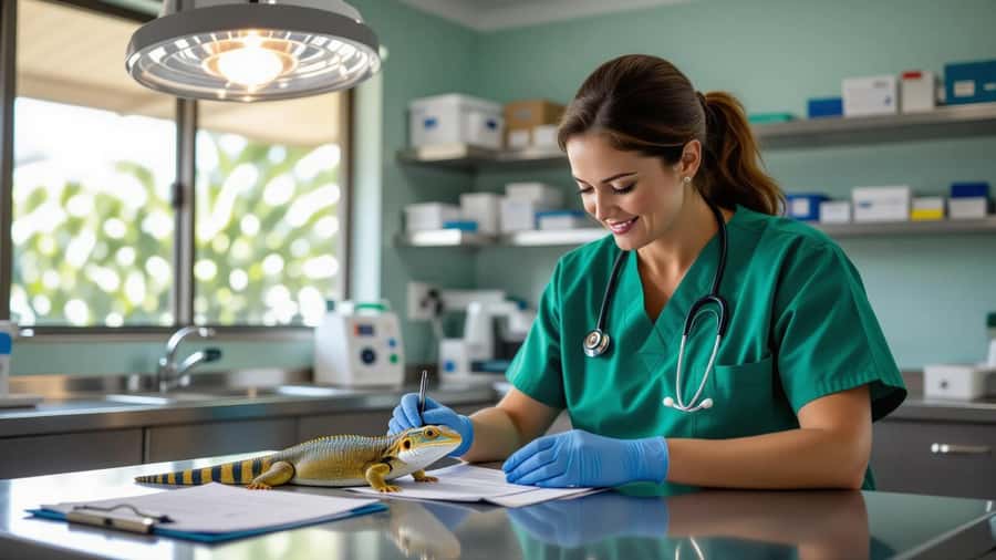 A veterinarian in green scrubs examines a blue-tongue lizard on a stainless steel table in a suburban Sydney clinic, permit paperwork visible in foreground