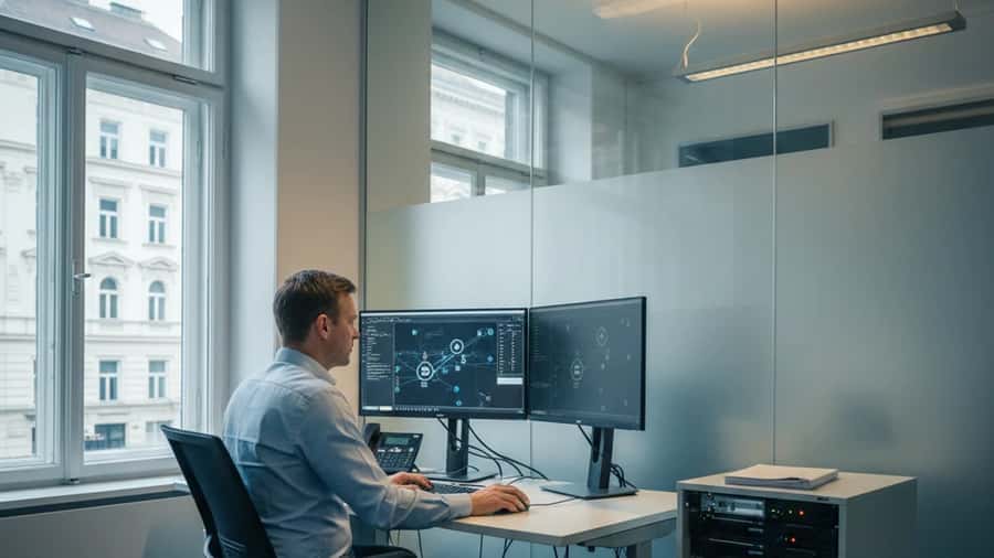 Österreichischer IT-Experte prüft Sicherheitseinstellungen an Dual-Monitor-Arbeitsplatz in einem Wiener Büro