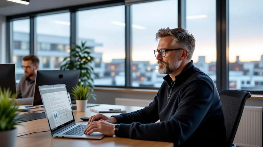 Dansk erhvervsmand i Aarhus-kontor gennemgår NIS2-sikkerhedsdokumentation på laptop med fokuseret udtryk