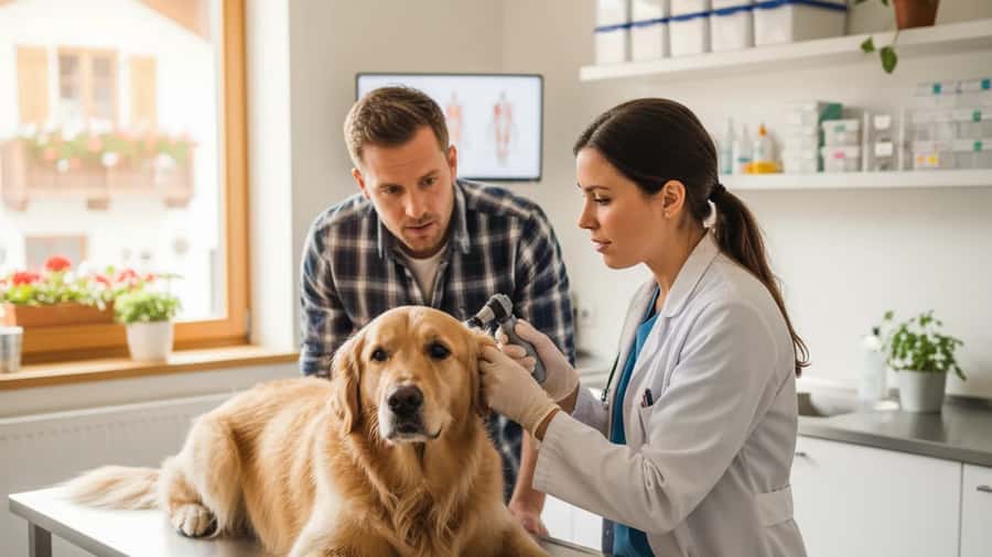 Tierärztin untersucht einen Golden Retriever in einer modernen Praxis in Österreich, Besitzerin schaut aufmerksam zu