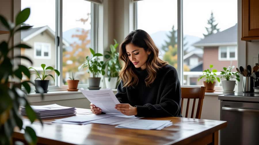 South Asian Canadian woman reviewing rental documents at a kitchen table in East Vancouver, studying tenancy rights paperwork