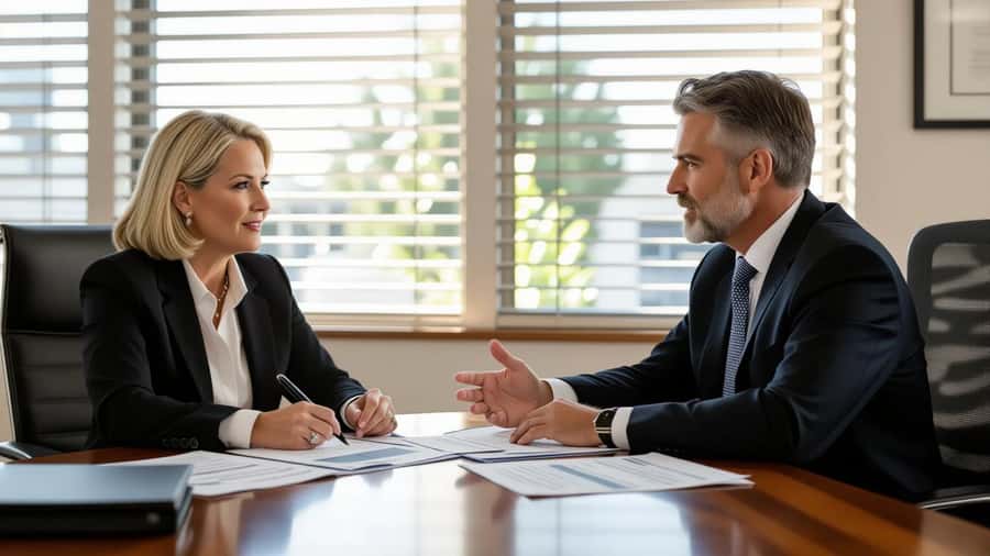 A woman reviews a Statement of Advice with her financial adviser at a timber desk in a Melbourne financial planning office
