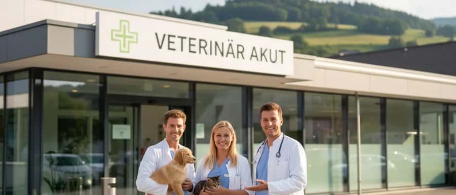 Orolig husdjursägare med en liten hund insvept i en filt utanför en veterinär akutklinik på kvällen