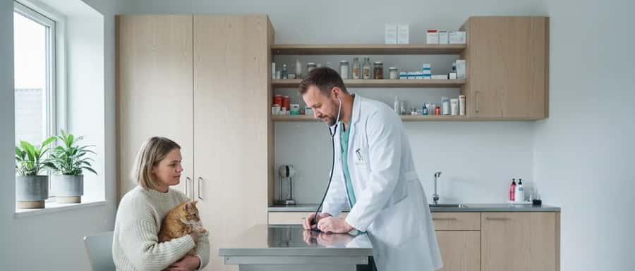 Kvinde med kat hos dyrlæge under konsultation i dansk klinik
