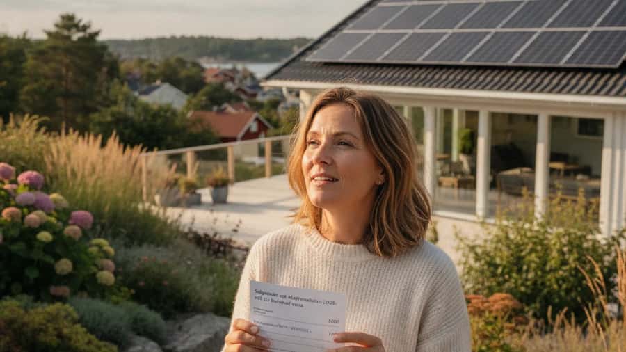 Kvinna i trädgården till en modern svensk villa i Göteborg, tittar upp på nyinstallerade solpaneler på taket och håller i en faktura