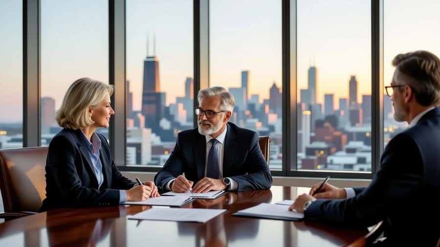 White-haired couple reviewing estate planning documents with financial advisor at a conference table in a Chicago law firm