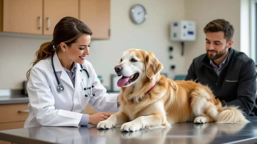 British female vet in white coat examining a golden retriever on an exam table in a Leeds veterinary clinic, concerned male owner watching in background