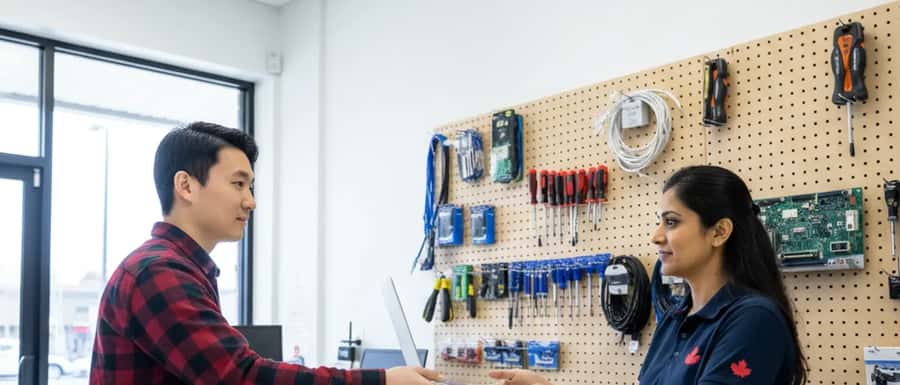Customer handing a silver laptop to a computer repair technician across a clean counter in a Toronto repair shop