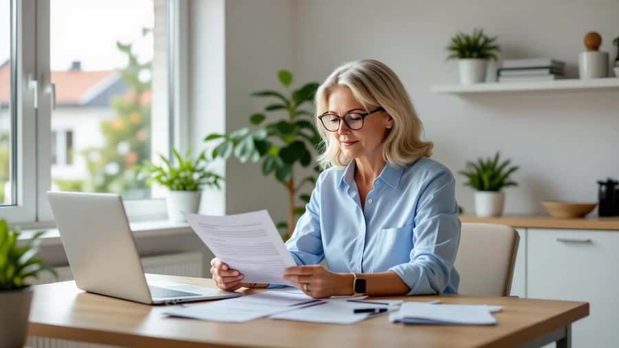 Dansk kvinde gennemgår pensionsdokumenter ved sit skrivebord i en lys hjemmekontor i Odense, Danmark