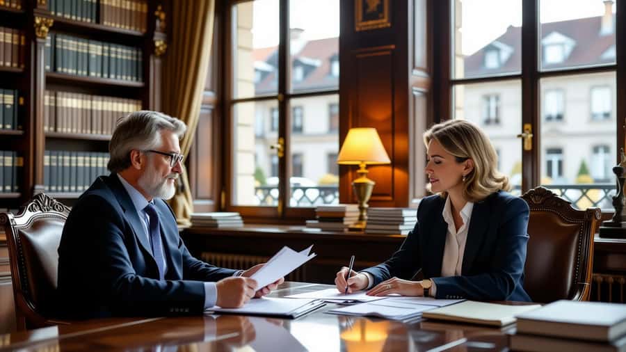 Conseillère en gestion de patrimoine révisant une déclaration fiscale et des factures de travaux dans un bureau alsacien
