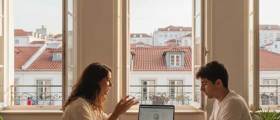 Explicadora de inglês em sessão de tutoria num apartamento em Lisboa com luz dourada da tarde