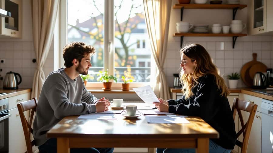 Deux jeunes colocataires discutent leur bail solidaire autour d une table avec des documents dans un appartement à Bordeaux