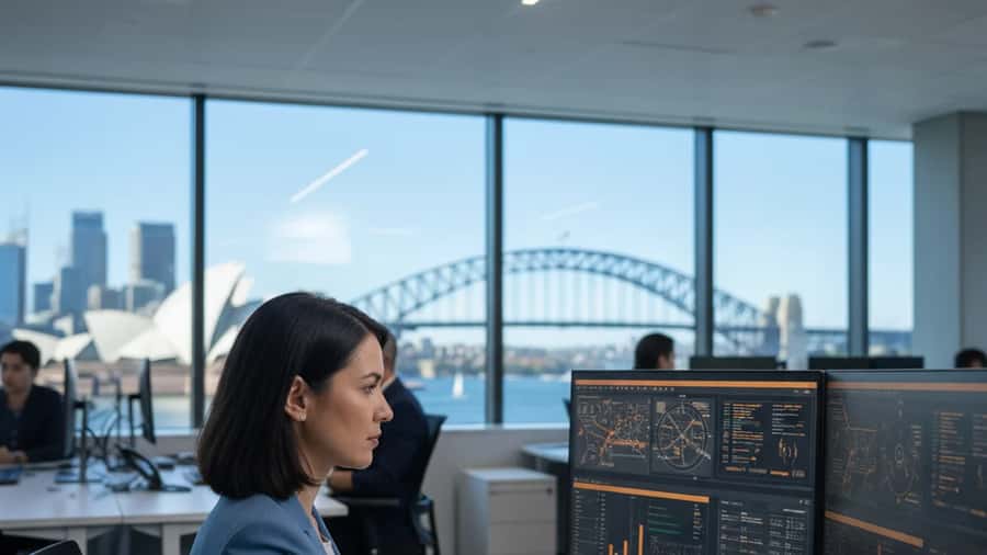 Australian professional responding to cybersecurity alerts at a dual-monitor workstation in a Sydney open-plan office, with security dashboards visible
