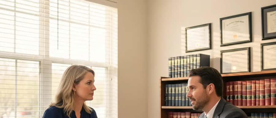 Client reviewing documents with a family lawyer during an initial consultation in a suburban US law office