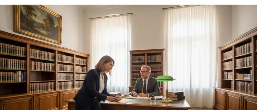 Familienrechtsanwältin berät Mandantin in einer Wiener Kanzlei mit Büchern und Dokumenten auf dem Schreibtisch