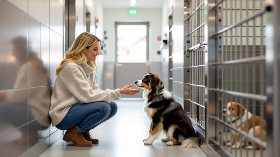 Femme agenouillée devant un enclos dans un refuge animalier moderne à Lausanne, tendant la main à un chien métis adopté