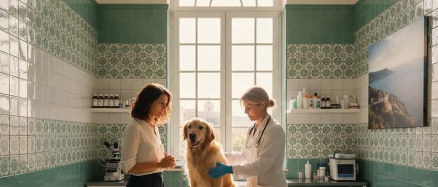 Veterinária portuguesa a examinar um golden retriever numa clínica em Lisboa enquanto a dona observa com atenção
