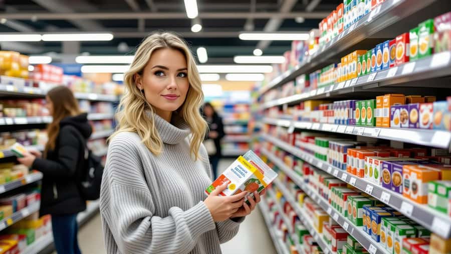 Suomalainen nainen lukee elintarvikkeen terveysväittämiä supermarketissa Tampereella