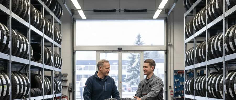 Mann leverer vinterdekk til mekaniker i et norsk dekkverksted med oppbevaringsreoler i bakgrunnen