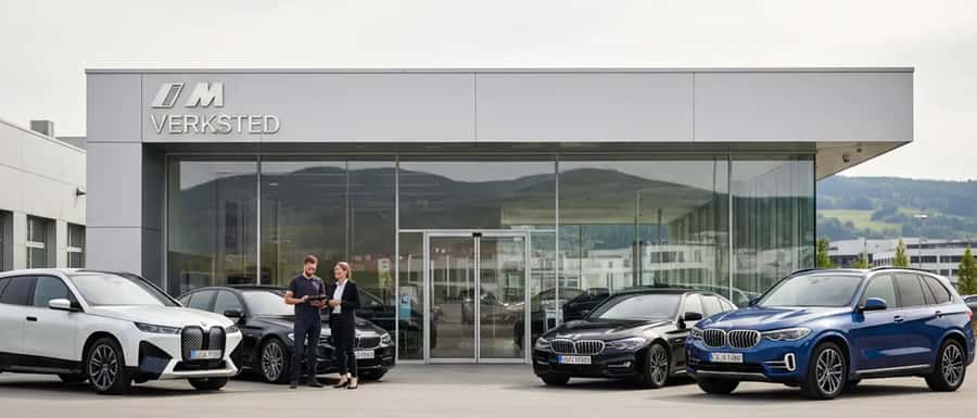 Profesjonelt BMW-verksted i Norge med mekaniker som arbeider på en BMW 3-serie på hydraulisk løfter