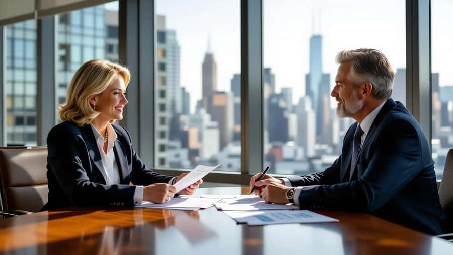 A 62-year-old American woman and a financial advisor review 401(k) retirement statements at an oak desk in a Chicago downtown office with city skyline visible through floor-to-ceiling windows