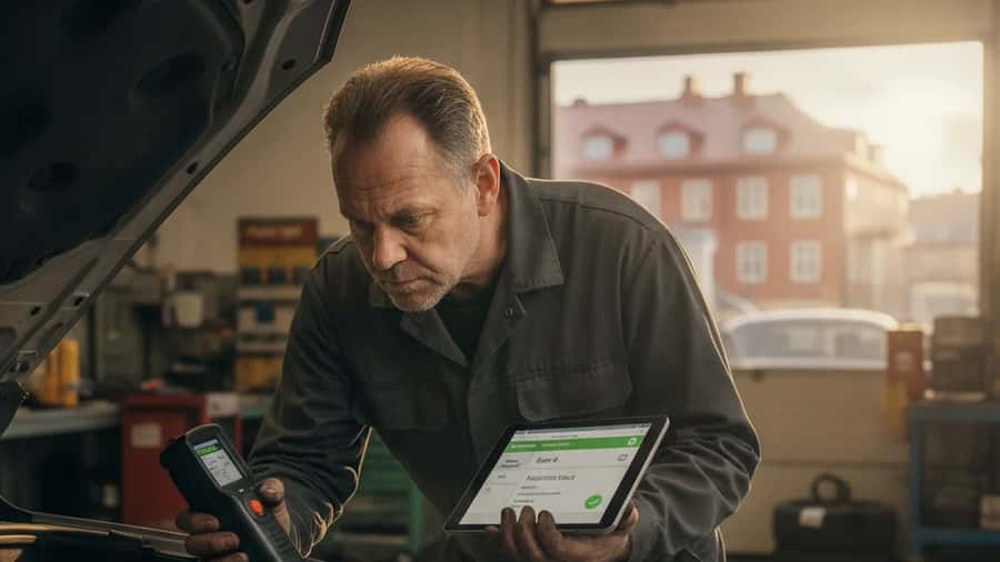 Mekaniker i Göteborg kontrollerar ett fordons OBD-diagnostik och Euro-klassning inför miljözonsbedömning