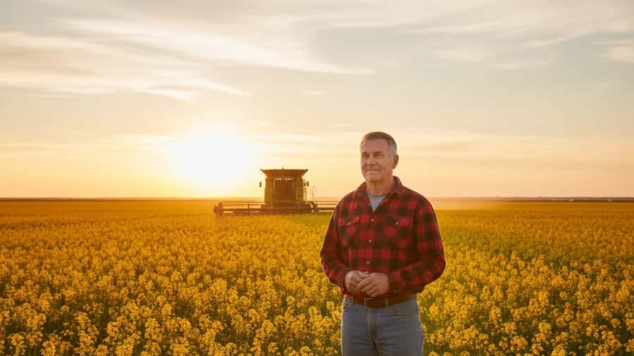 Agriculteur canadien francophone debout dans un champ de canola en Saskatchewan au lever du soleil, moissonneuse visible en arrière-plan
