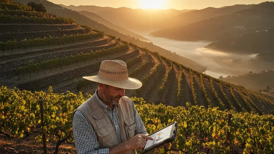 Agricultor português a analisar dados em tablet numa vinha em socalcos no Vale do Douro ao pôr do sol