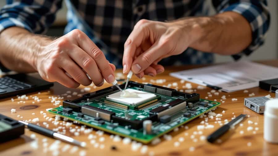 Mains appliquant de la pâte thermique sur un processeur, outils de précision visibles sur un bureau dans un appartement de Lyon