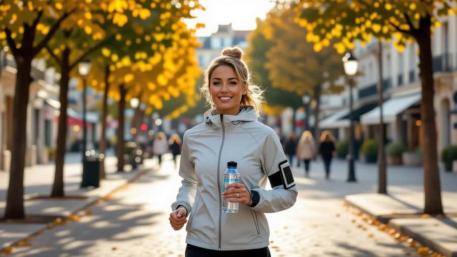 Coureur français en tenue claire au parc de Montpellier au petit matin, bouteille d eau