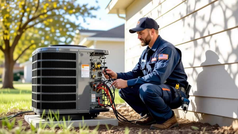 HVAC technician installing a heat pump unit outside a suburban home in Austin Texas, checking connections in afternoon sunlight