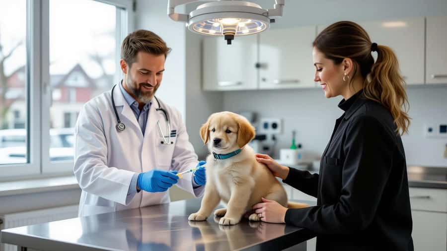 Veterinär vaccinerar en golden retriever valp i ljus klinik i Göteborg med hundägare bredvid